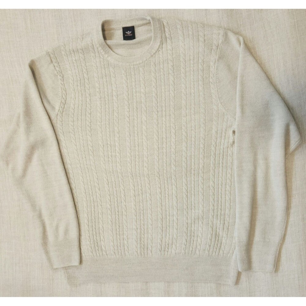 Dockers Mens Size L Beige Cable Knit CrewNeck Sweater Lightweight Preppy Classic